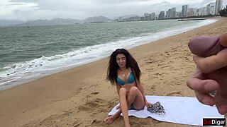 i asked the babe if i could cum on her tits while flashing my cock on the beach