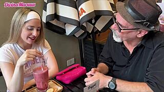 Blonde Argentine cutie Divinamaruuu rides hard in restaurant for cash. Petite body, wild action!