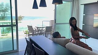 arrived from the beach horny and came hard on the bad boy's dick