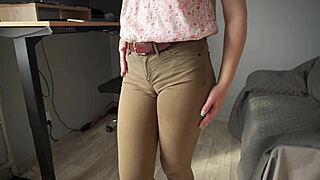 Naughty colleague teases with tight wedgie pussy close-up