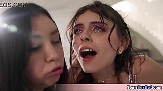 Cute Asian GF can't handle sex, so slutty biker friend helps!