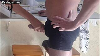 Hotel Maid Catches Guest Flashing Hard Cock and Gets Cum on Her Ass