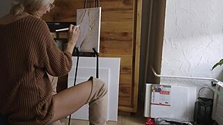 Feeling the beauty while painting her pussy flower