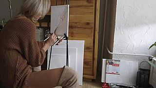 Feeling the beauty while painting her pussy flower