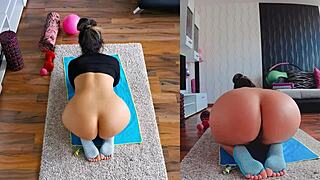 Curvy milf does sweaty naked yoga with dual cam steamy views