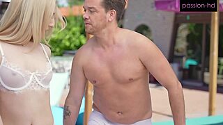 Sweet Sophia massages huge cock by pool for wet creampie finish