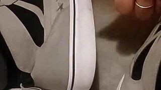 friend trashing sneakers in fun fetish way