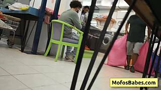 Nikki Mars, the horny brunette teen slut, sucks Jason Legend's fat dick in the public laundromat before getting fucked hard.