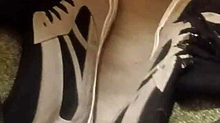 friend trashing sneakers in fun fetish way