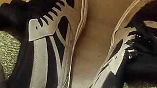 friend trashing sneakers in fun fetish way