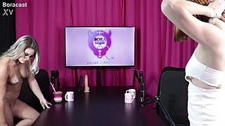 blonde slut and hot redhead get naked for tantric massage in sheer red lingerie