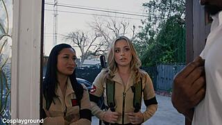 skinny brunette chanel camryn in ghostbusters cosplay begs for big black cock blowjob and facial