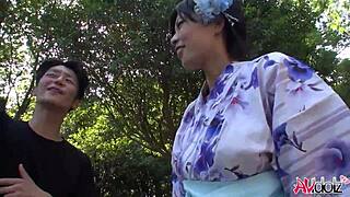 Stunning Saki Aoyama in Kimono Gives Outdoor Blowjob in Park