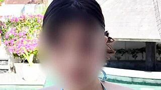 Japanese teacher in a blue bikini seduces with cute small tits and foot fetish play.