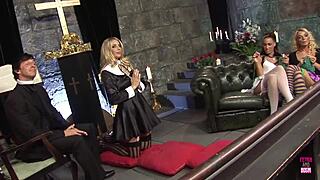 Blonde and brunette girls perform deepthroat blowjobs in smoking hot church orgy
