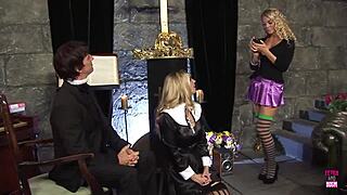 Blonde and brunette girls perform deepthroat blowjobs in smoking hot church orgy