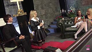 Blonde and brunette girls perform deepthroat blowjobs in smoking hot church orgy