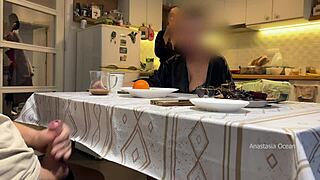 hey, my husband’s jerking under the table in front of stepmom while we’re in the kitchen