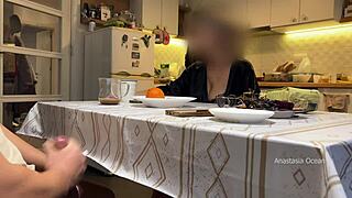 hey, my husband’s jerking under the table in front of stepmom while we’re in the kitchen