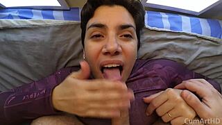 Quick handjob and blowjob on bed with cumshot