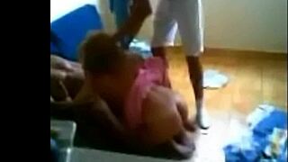 two guys spanking and blowing fat old whore's feet in threesome