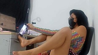 Sweet Girl In Miniskirt And Fishnet Stockings Takes Huge Horse Dildo!