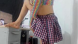 Sweet Girl In Miniskirt And Fishnet Stockings Takes Huge Horse Dildo!