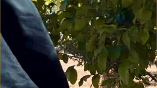 Amazing housewife performs in public outdoors