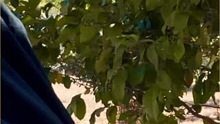 Amazing housewife performs in public outdoors