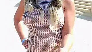 Transparent dress without underwear on a young blonde flashing her ass in public.