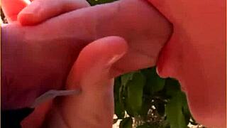 Amazing housewife performs in public outdoors