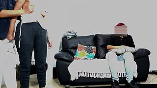 Stepfather Fingers Son's Girlfriend In Leggings In Front Of Him