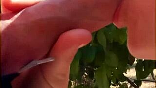 Amazing housewife performs in public outdoors