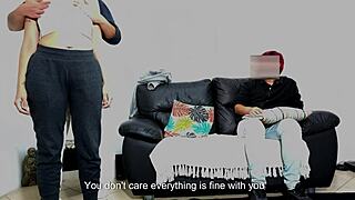 Stepfather Fingers Son's Girlfriend In Leggings In Front Of Him