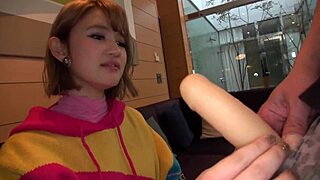 Japanese beauty with big tits gets deepthroat and facial in full