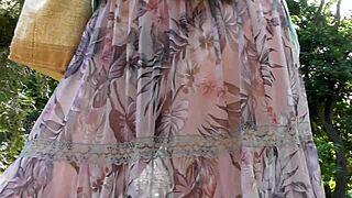 hairy mature woman flashes in her see-through dress outdoors