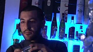 Bent over slut gets fingered and double anal fucked in the club, ending with facial cumshot!