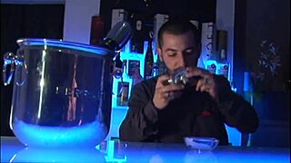 Bent over slut gets fingered and double anal fucked in the club, ending with facial cumshot!