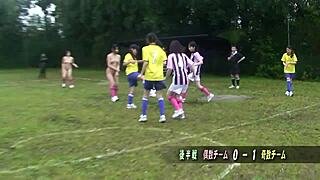 Asian girls strip down for outdoor football fun