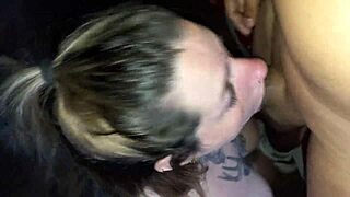 Watch me suck this hot latina slut's tits and blowjob her black lover! Cum on her natural tits!