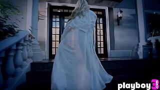 busty blonde in sexy lingerie and cougar enjoys posing for the playboy