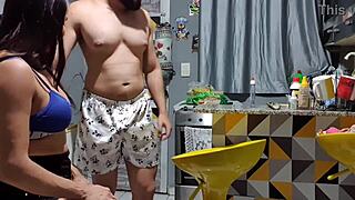 brunette milf flashes big clit in kitchen.