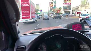 couple enjoys wet blowjob on las vegas boulevard with big ass in view