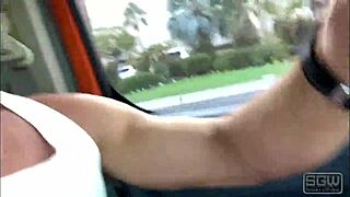 couple enjoys wet blowjob on las vegas boulevard with big ass in view