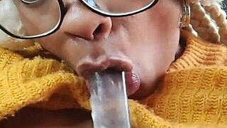 hairy slut jumps on dildo and squirts through her wet pussy