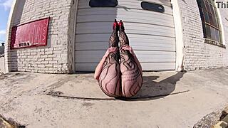 Mature MILF in Thong Bodysuit Spreading Asshole on the Docks