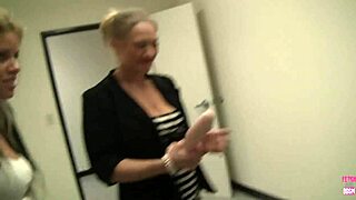 sluts jessa and vicky lick and ride big cock in office threesome, cum at work