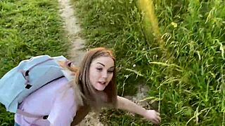 Naughty European Chick Fucks Bent Over in Forest Meadow and Public Spots