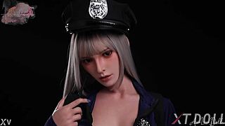 Hannah feels excited as blonde slut police officer in uniform at office