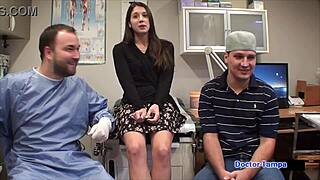 logan lace undergoes humiliating university entrance physical with dr tampa, spreading in latex gloves and skirt backstage.